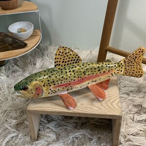 Handcrafted & Hand Painted Folk Art Wood & Metal Rainbow Trout Spearing Decoy